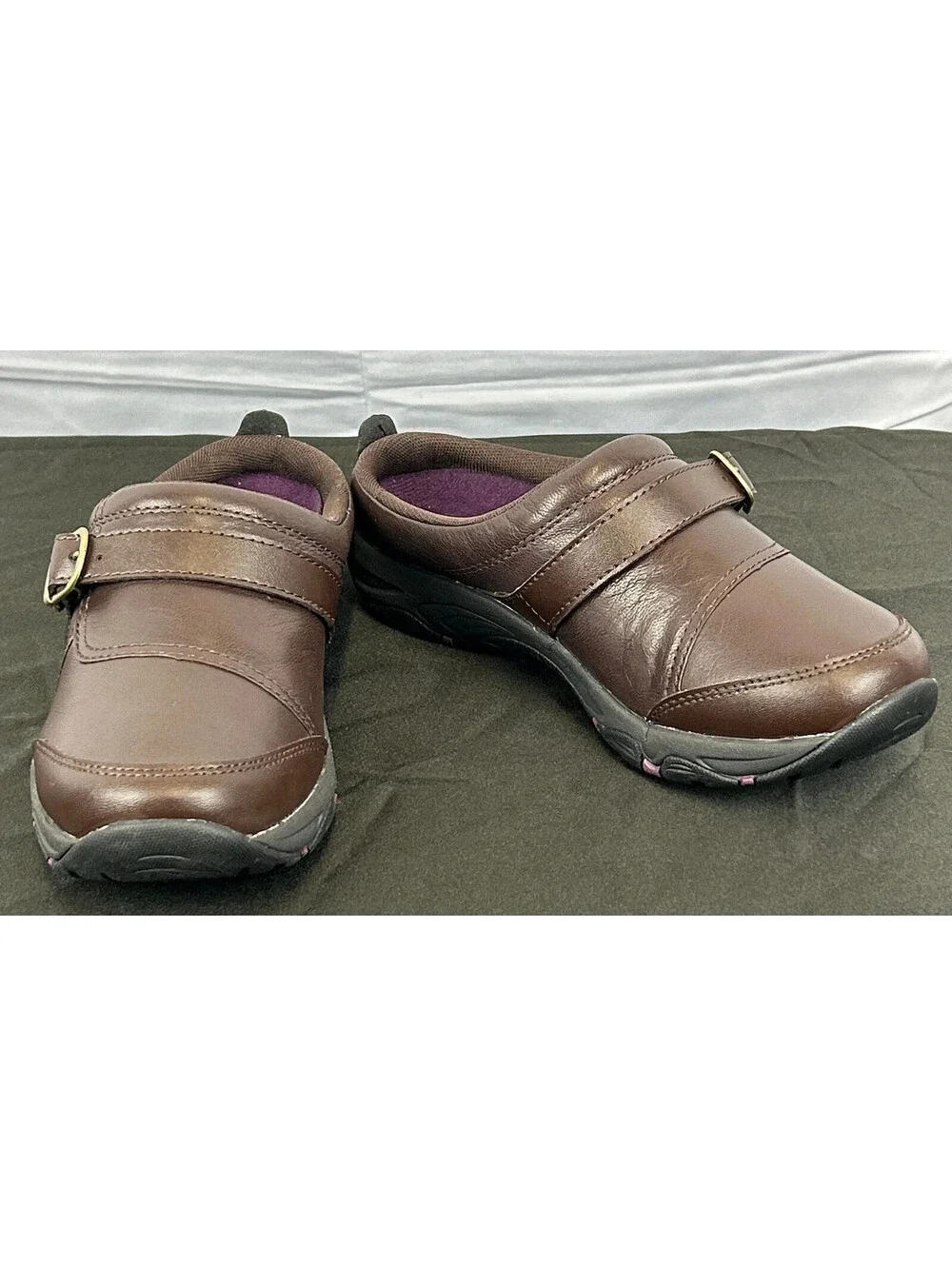 Easy Spirit Portilla Women Size 6.5 Slip-On Mule Clog Shoes Brown Leather Buckle